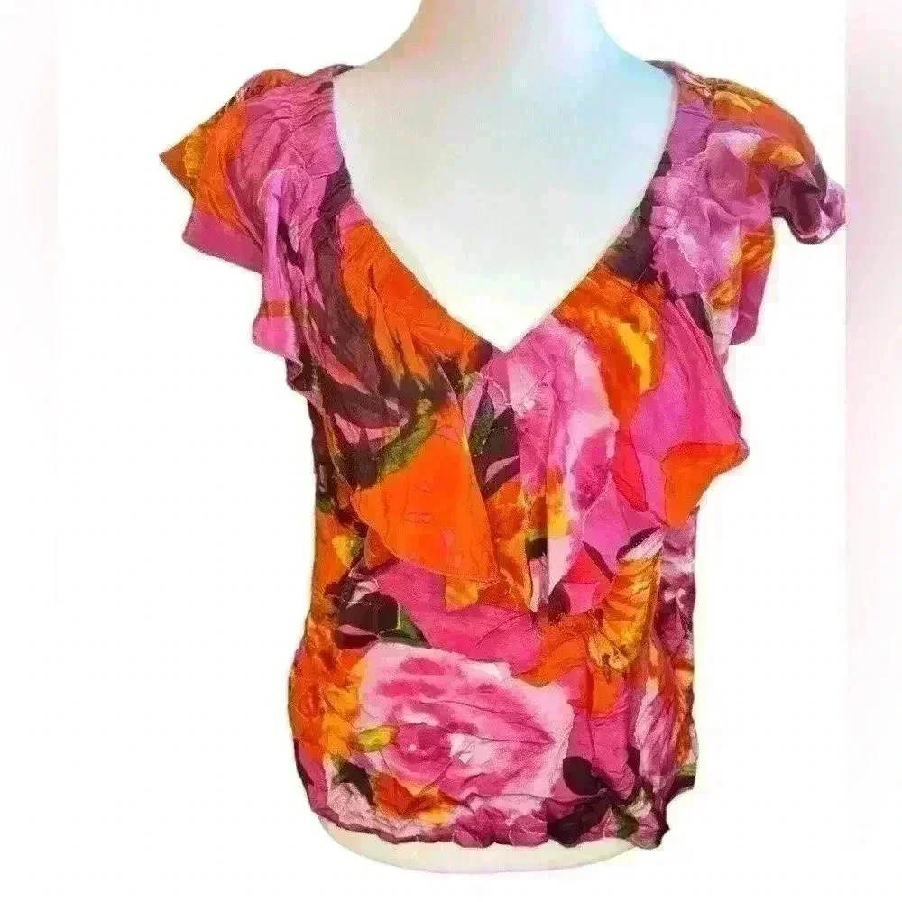 Trina Turk Womens Floral Ruffled Top Scoop V-Neck Pullover Multicolor Size Small
